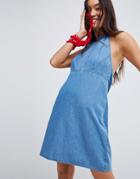 Asos Design Denim Halter Neck Mini Dress In Midwash Blue - Blue