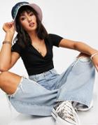 Asos Design Short Sleeve Wrap Front Crop Top In Black