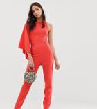 Asos Design Tall One Shoulder Fluted Sleeve Jumpsuit-multi