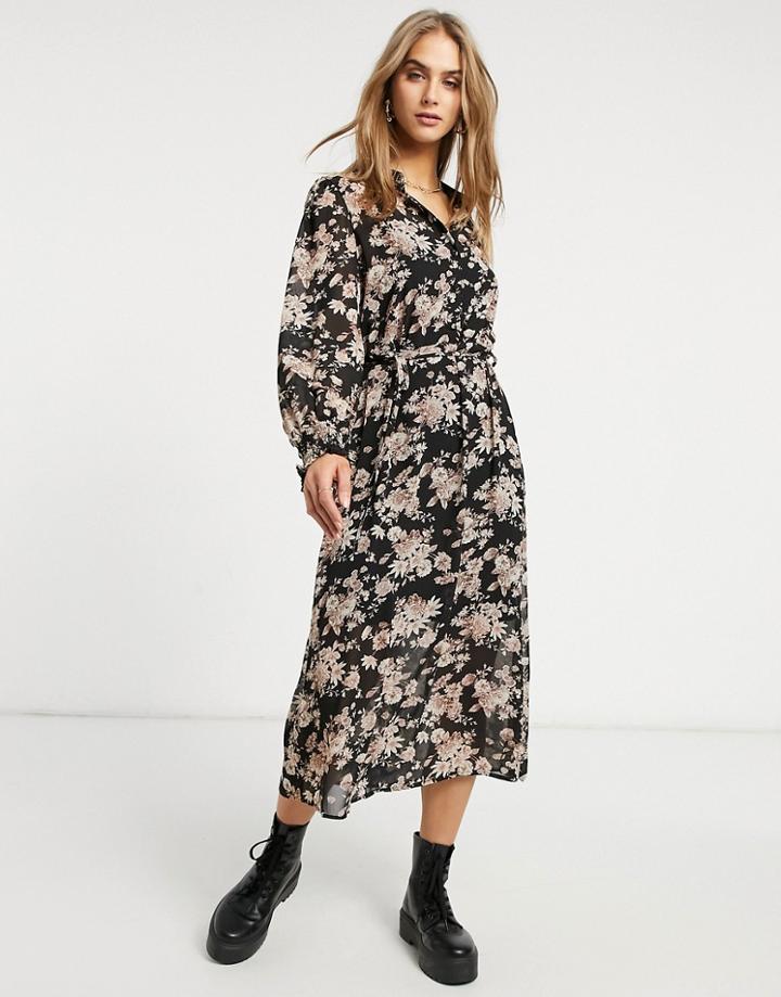 Vila Maxi Shirt Dress With Balloon Sleeves And Tie Waist In Dark Floral-multi