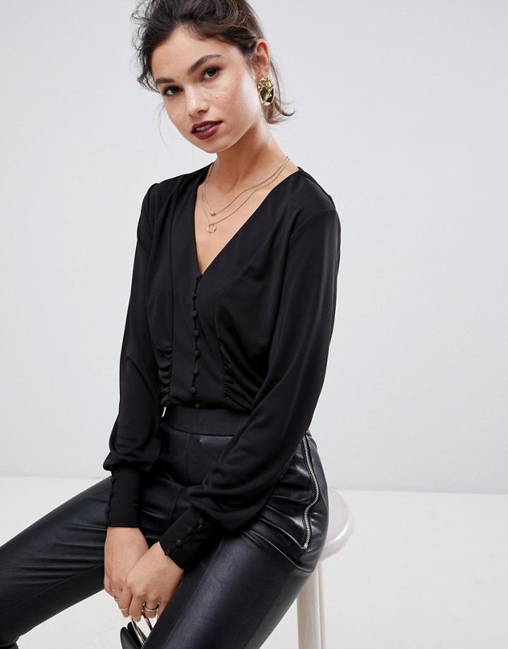 Y.a.s Button Through V Neck Top - Black