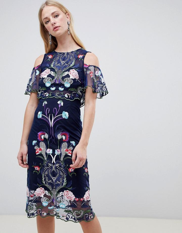 River Island Double Layer Embroidered Mesh Dress-navy