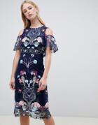 River Island Double Layer Embroidered Mesh Dress-navy
