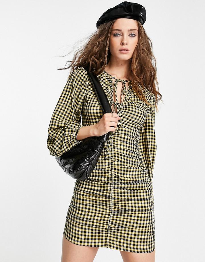 Topshop Check Ruched Mini Dress In Yellow