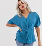 River Island Petite Knot Front Blouse In Blue - Blue