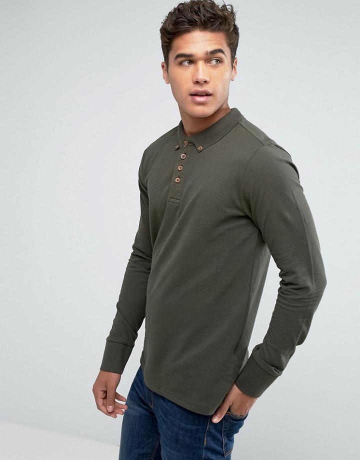 Brave Soul Long Sleeve Pique Polo Shirt - Green
