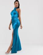Bariano Halter Neck Liquid Draped Gown In Teal - Blue