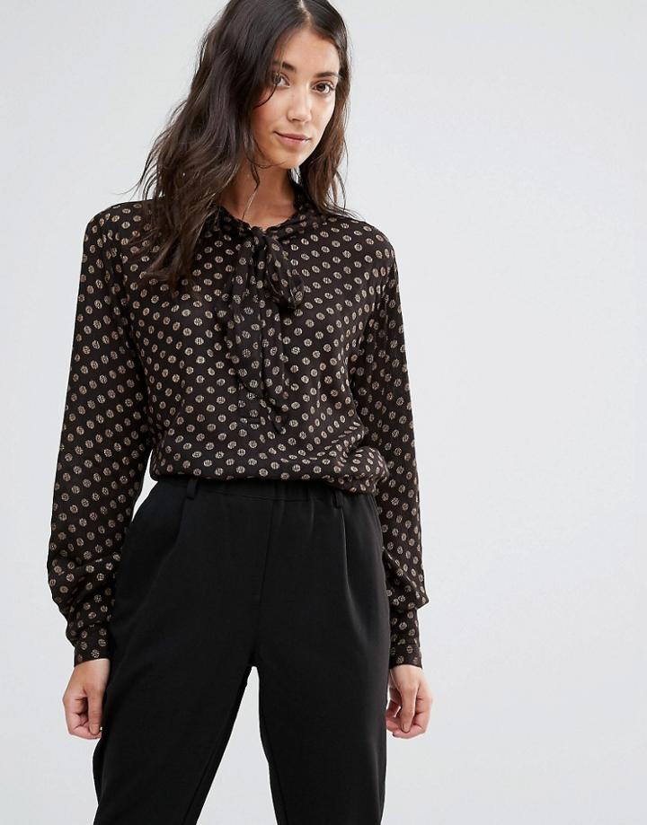 B.young Pussy Bow Blouse With Gold Spots - Black