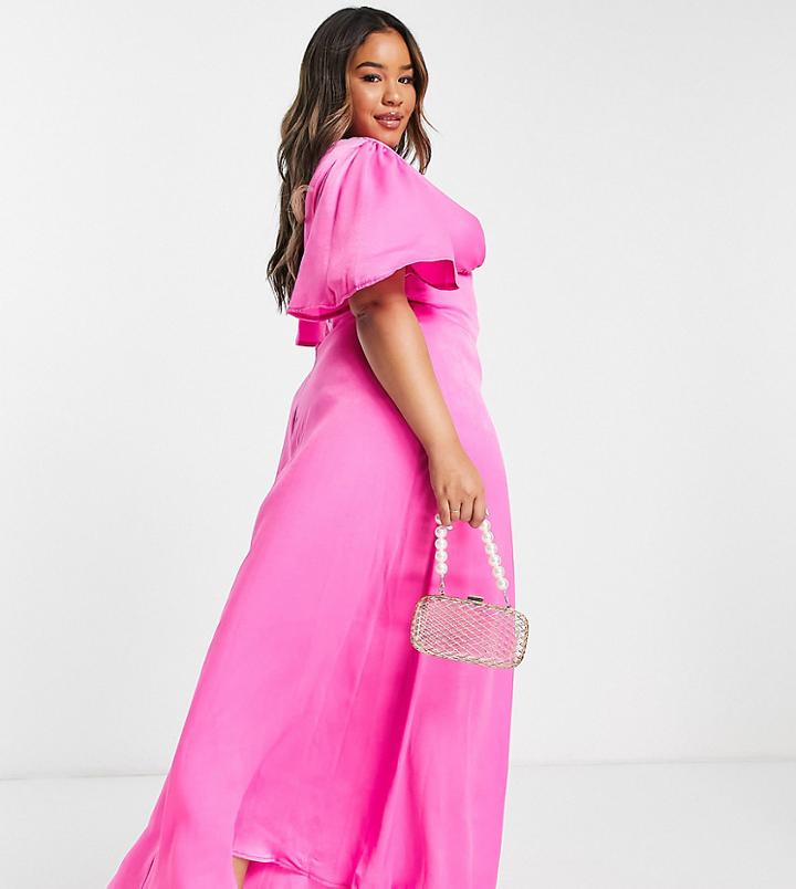 Flounce London Plus Flutter Sleeve Maxi Dress With Plunge Front In Hot Pink Satin