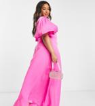 Flounce London Plus Flutter Sleeve Maxi Dress With Plunge Front In Hot Pink Satin
