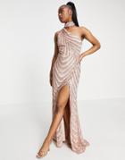 Goddiva Choker Thigh Split Maxi Dress In Peach Gold