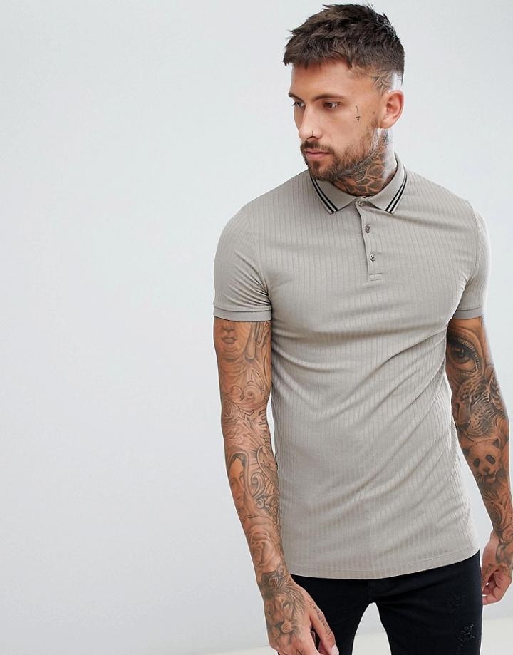 Asos Design Longline Muscle Fit Polo In Rib With Tipping - Multi