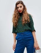 Monki High Neck Wrinkle Top In Green With Small Dots - Green