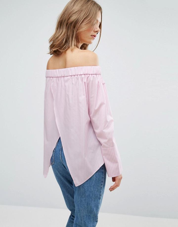 Asos Cotton Off Shoulder Top In Pink Stripe - Pink