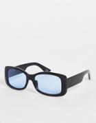 Asos Design Recycled Mid Square Sunglasses In Black With Blue Lens