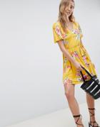 Asos Design V Neck Tea Dress With Belt In Floral Print - Yellow
