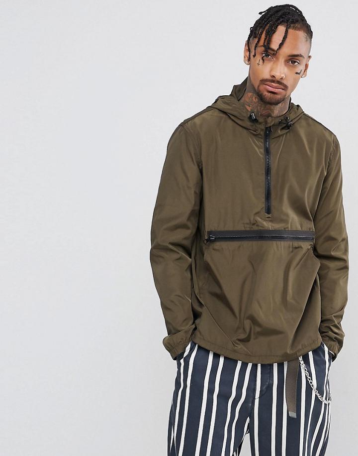 Asos Overhead Windbreaker With Zip In Khaki - Green