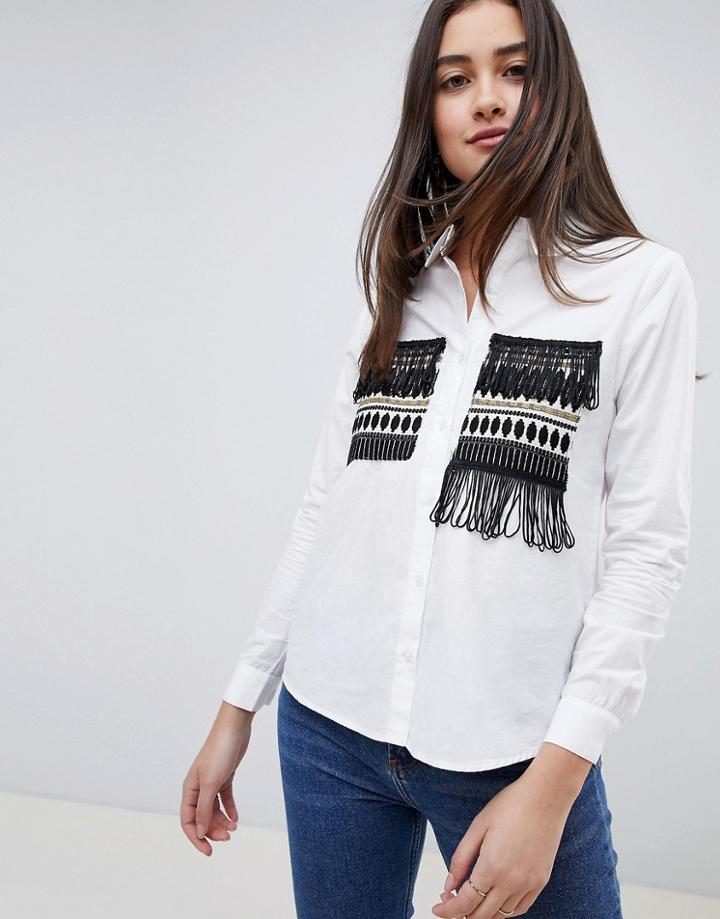 Influence Tassel Trim Patch Pocket Shirt - White