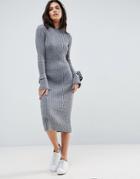 Asos Knitted Rib Dress With Knotted Cuff - Gray