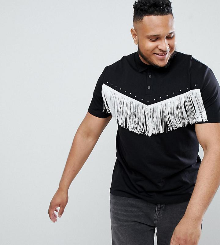 Asos Design Plus Relaxed Polo Shirt With Fringing In Black - Black