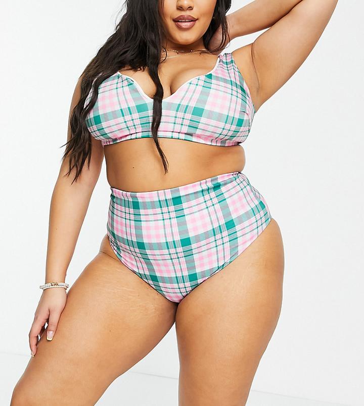Asos Design Curve High Leg High Waist Bikini Bottom In Check Print-multi