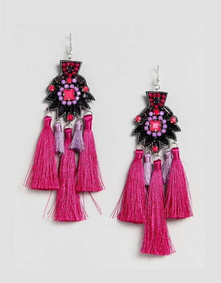 Asos Statement Embroidered Stone Tassel Earrings - Pink