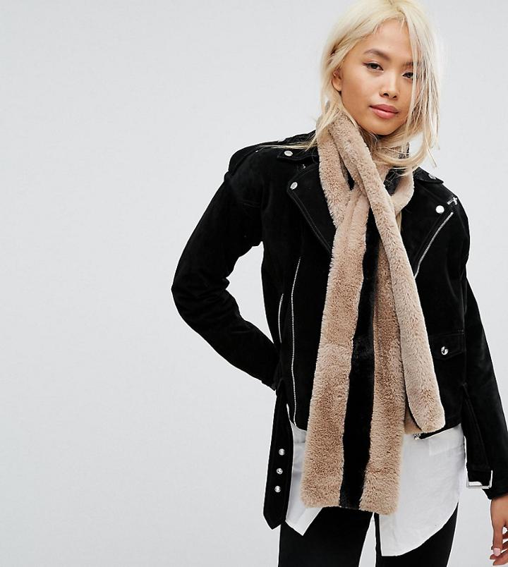 Stitch & Pieces Faux Fur Scarf With Contrast Stripe - Tan