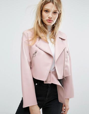 Outstanding Ordinary Faux Leather Jacket With Belt Detail - Pink