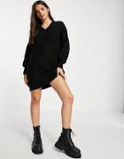 Asos Design Knit V-neck Mini Dress In Black