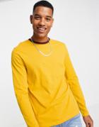 Asos Design Long Sleeve T-shirt In Mustard With Contrast Ringer In Burgundy-yellow