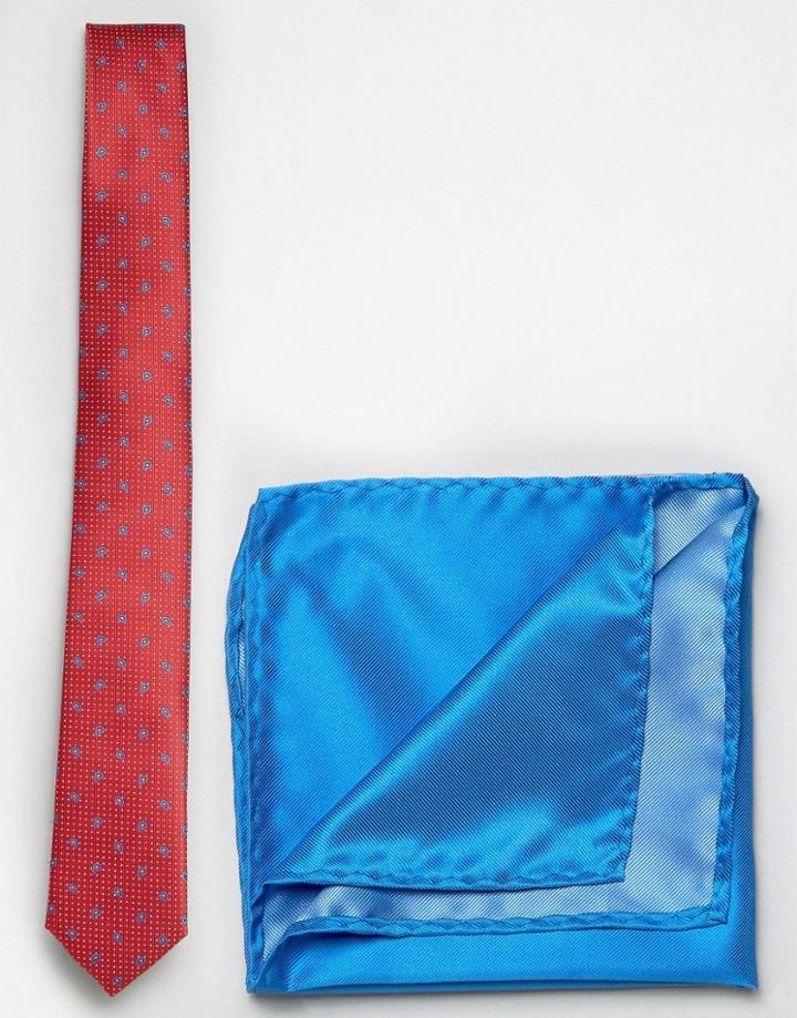 Selected Paisley And Dot Print Tie With Pocket Square - Red