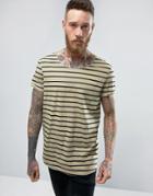 Asos Longline Striped T-shirt With Curved Hem And Roll Sleeve - Green