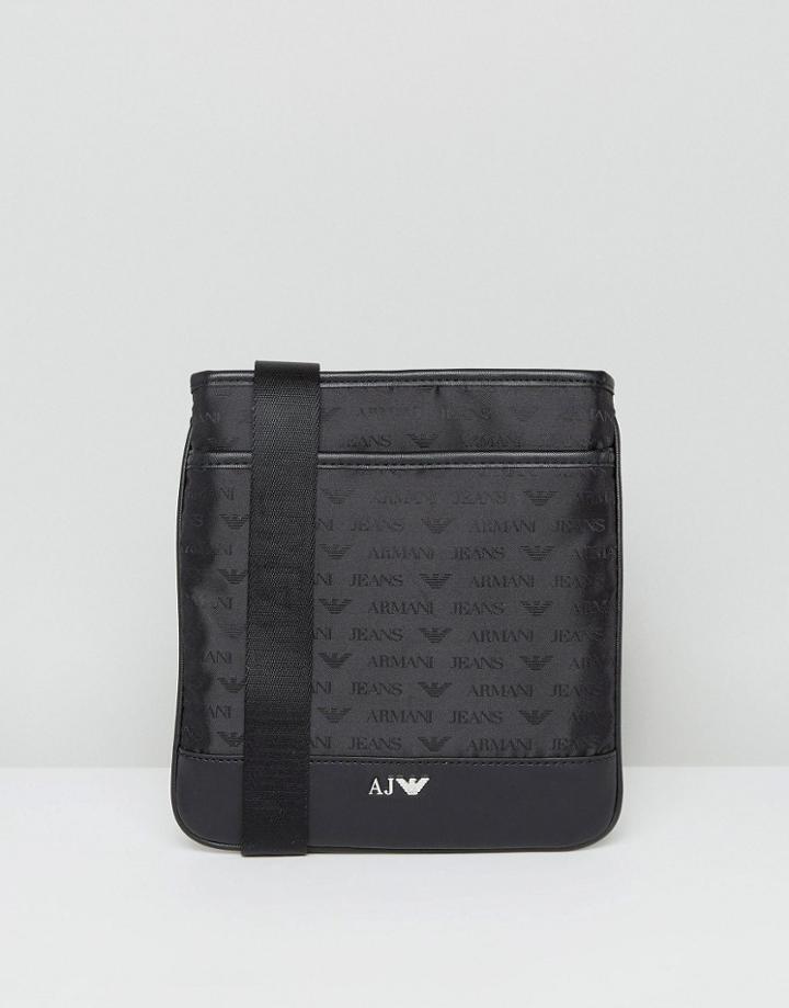 Armani Jeans All Over Logo Mini Flight Bag In Black - Black