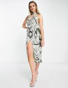 Asos Design Halter Plunge Midi Embellished Dress With Split Front-multi