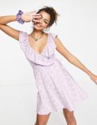 Asos Design Broderie Wrap Frill Dress In Lilac-purple