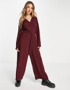 Asos Design Bubble Crepe 70s Collar Belted Tea Jumpsuit In Dark Aubergine-purple