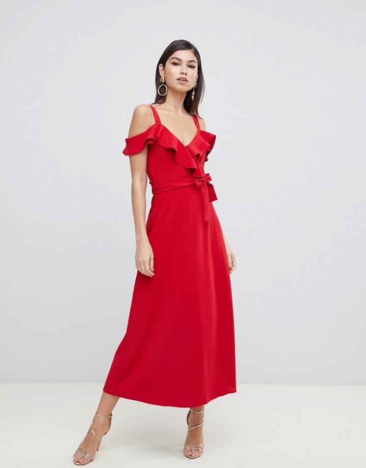 Forever Unique Ruffle Cold Shoulder Midi Dress - Red