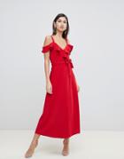 Forever Unique Ruffle Cold Shoulder Midi Dress - Red
