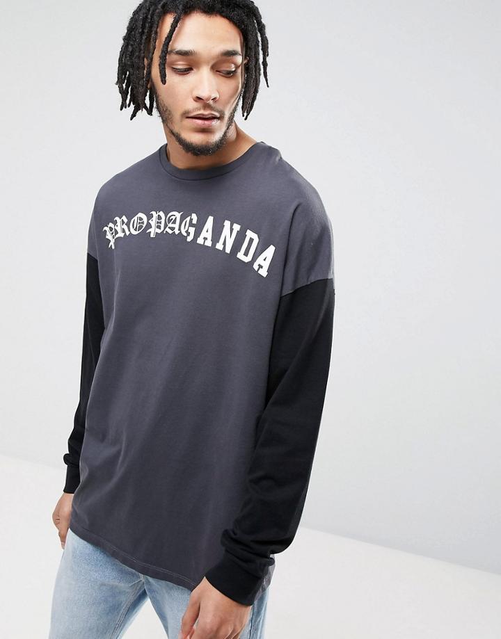 Asos Oversized Long Sleeve T-shirt With Spliced Print And Contrast Sleeves - Gray