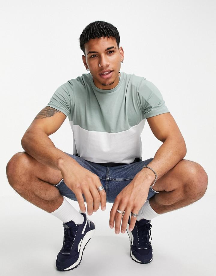 Jack & Jones Originals Color Block T-shirt In Green & Gray