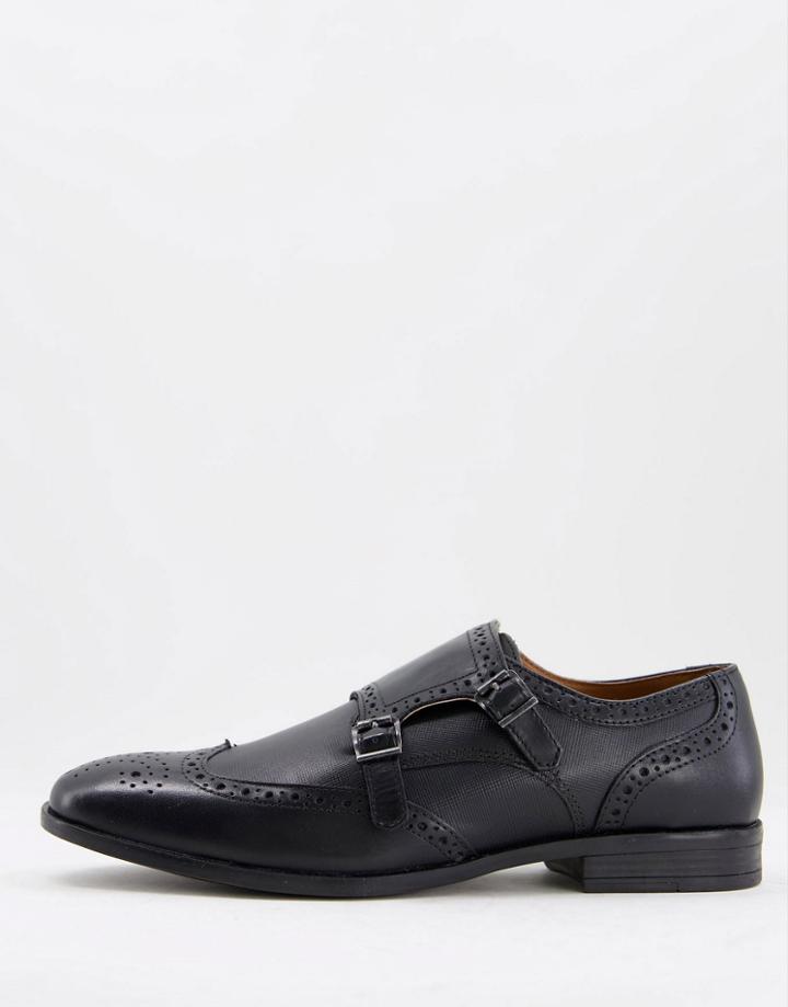 Red Tape Leather Brogue Monk Shoes In Black