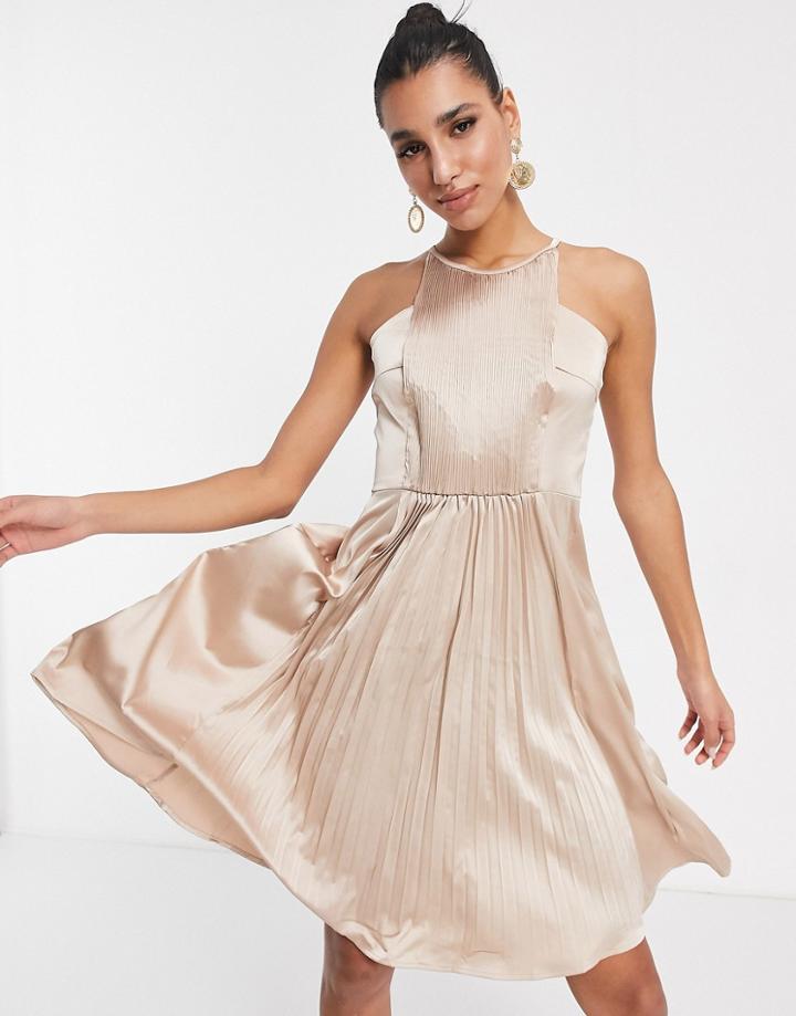Chi Chi London High Neck Pleated Midi Dress In Rose Gold