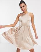 Chi Chi London High Neck Pleated Midi Dress In Rose Gold