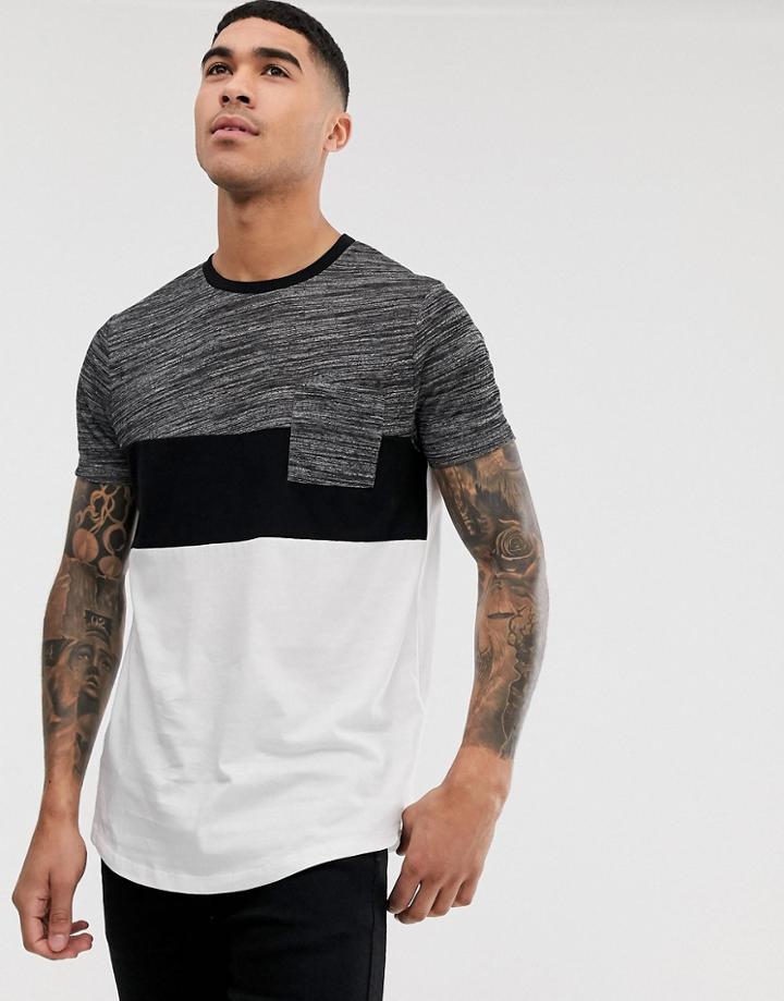 Asos Design Longline T-shirt With Curved Hem With Interest Fabric Contrast Yoke And Pocket-white