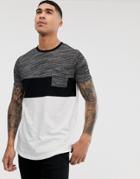 Asos Design Longline T-shirt With Curved Hem With Interest Fabric Contrast Yoke And Pocket-white