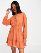 Asos Design Textured Long Sleeve Waisted Mini Shirt Dress With Tier Hem In Orange