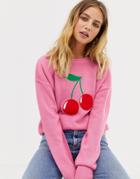 Brave Soul Stripe Sweater With Cherry Applique - Pink