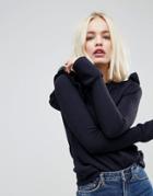 Hazel Frill Shoulder Knit Sweater - Navy