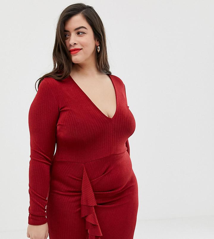 Asos Design Curve Plunge Mini Dress With Ruffle Detail-red