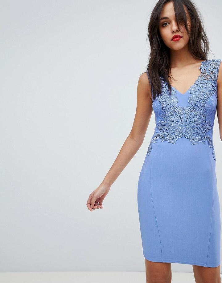Lipsy V Neck Floral Applique Bodycon Dress - Blue